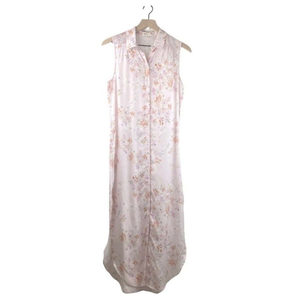 Cloth & Stone Midi Button Front Floral Shirt Dress Pink Medium Sleeves Tencel